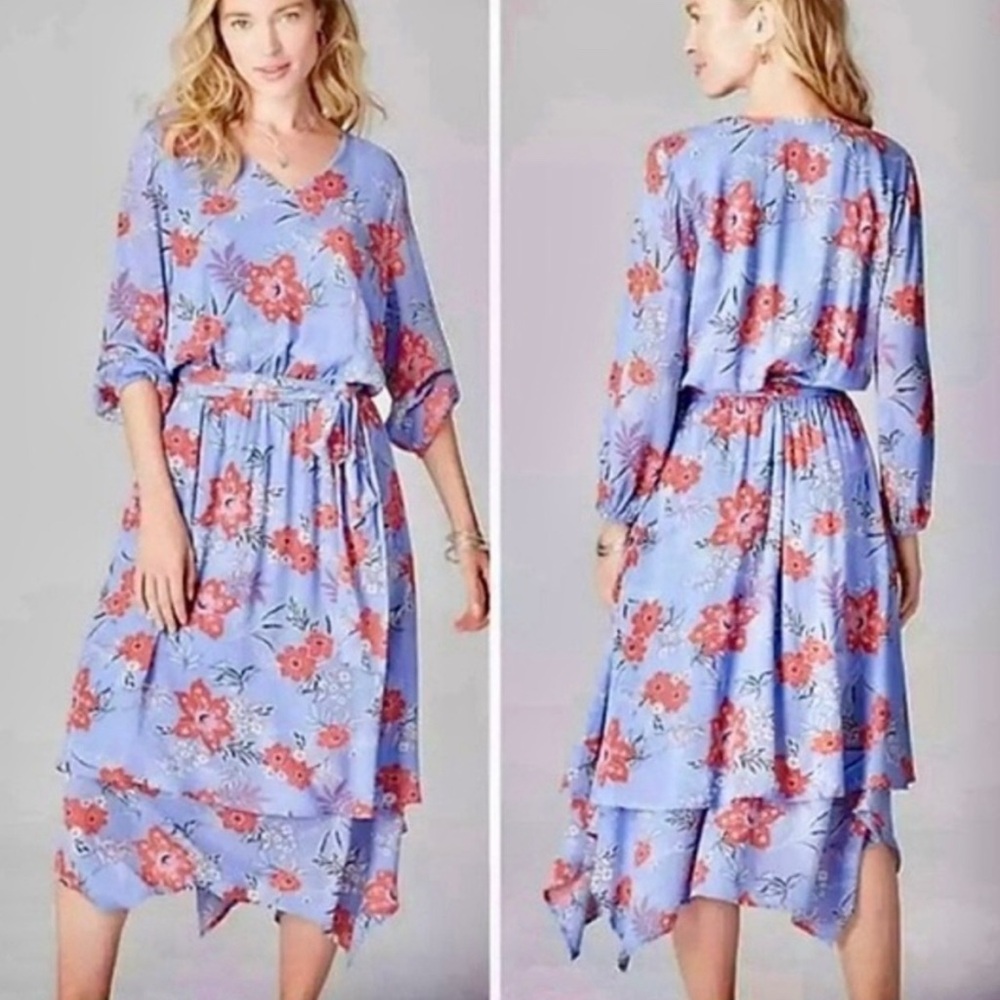 NWT J.Jill Tropical Floral Midi Dress Blue Red Asymmetrical Hem Size SP V-neck